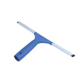Blue squeegee with a white handle on a white background