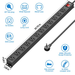 CRST 12-Outlet Metal Surge Protector Power Strip — Mountable, 2100J, 6FT/15FT Cord by CRST
