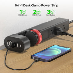 CRST Desk Clamp Power Strip | 3 Outlets + 3 USB (20W USB-C PD), 1020J Surge Protector by CRST