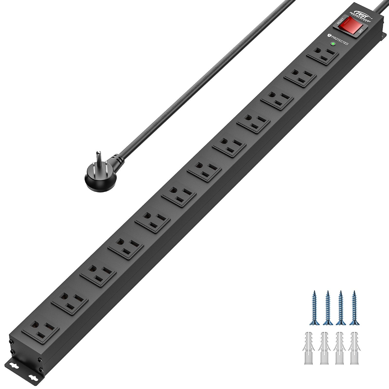CRST 12-Outlet Metal Surge Protector Power Strip — Mountable, 2100J, 6FT/15FT Cord by CRST
