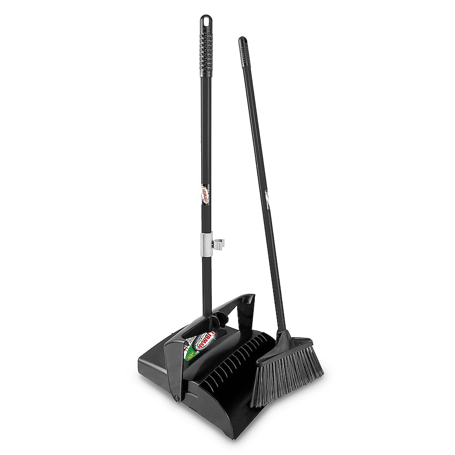 Black broom and dustpan set on a white background