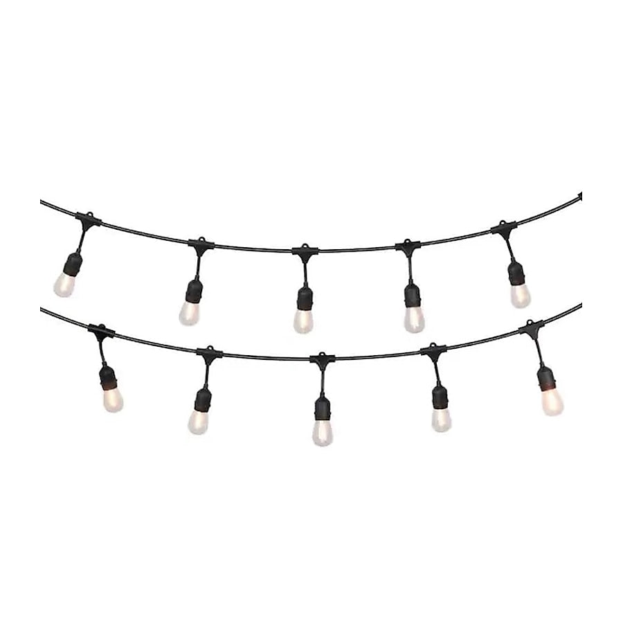 String of outdoor lights with black wire and white bulbs on a white background
