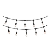 String of outdoor lights with black wire and white bulbs on a white background