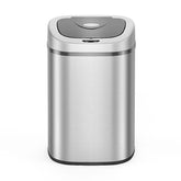 Stainless steel trash can with a silver lid on a white background