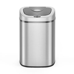 Stainless steel trash can with a silver lid on a white background