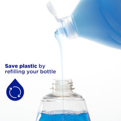 Blue liquid being poured from a refillable bottle into another bottle with text 'Save plastic by refilling your bottle'.