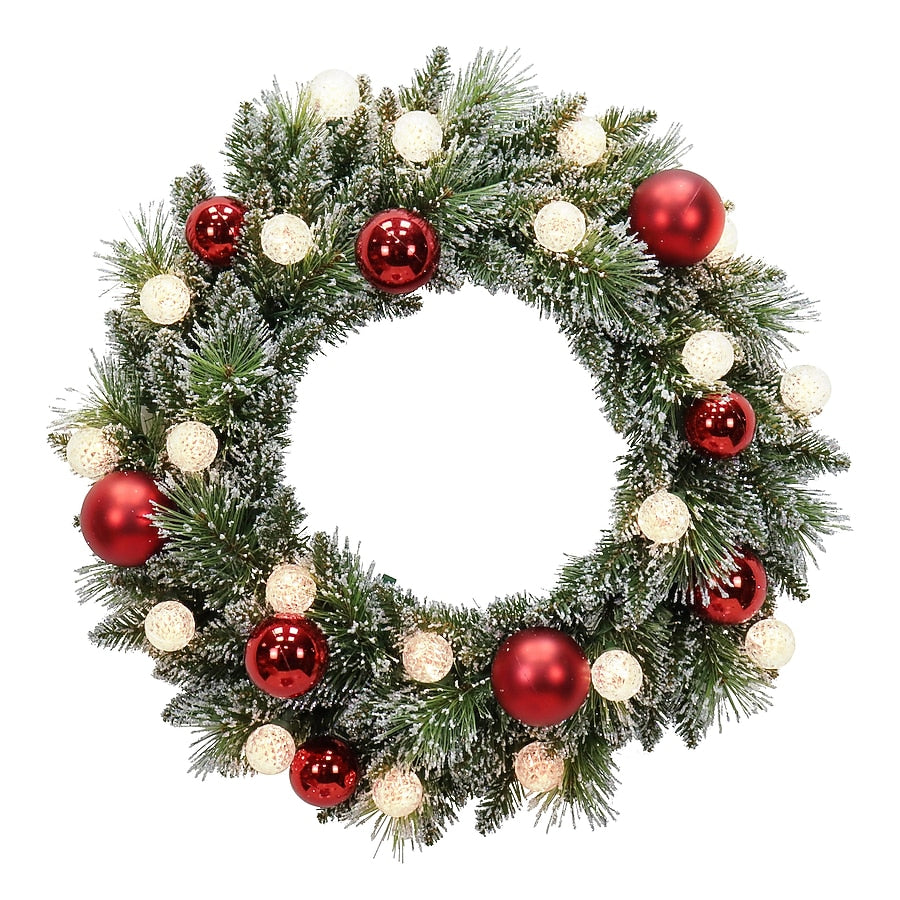 Christmas wreath with red and gold ornaments on a white background