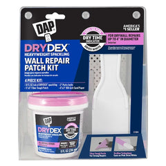 DAP Drydex wall repair patch kit packaging with spackling jar and tools.