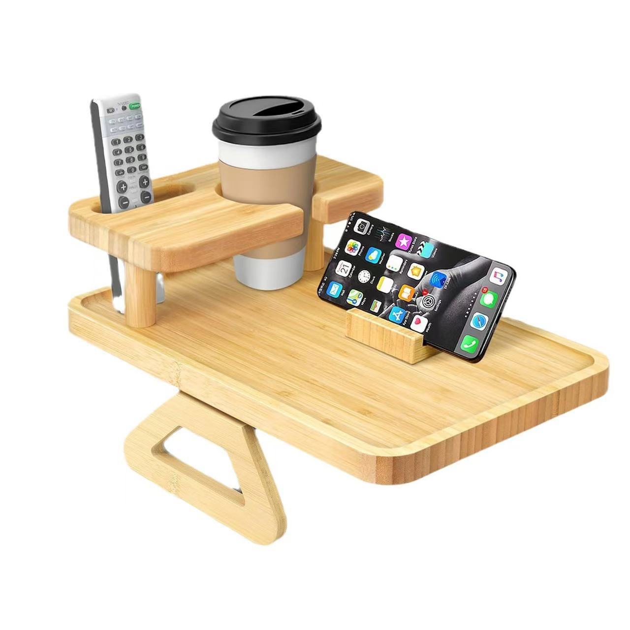 Wooden Tray Double Layer Paintable Armrest Tray with Cup Holder for Drinks and Snacks, Solid Wood Sofa Table by eprolo