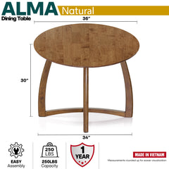 Alma 36 Inches Round Dining Table for 4, Mid-Century Modern Kitchen & Dining Room Tables by Megsu