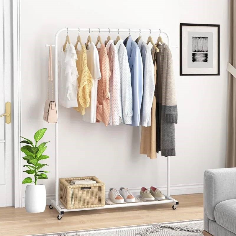 White Modern Garment Rack Clothes Hanging Rod with Lockable Wheels by FastFurnishings