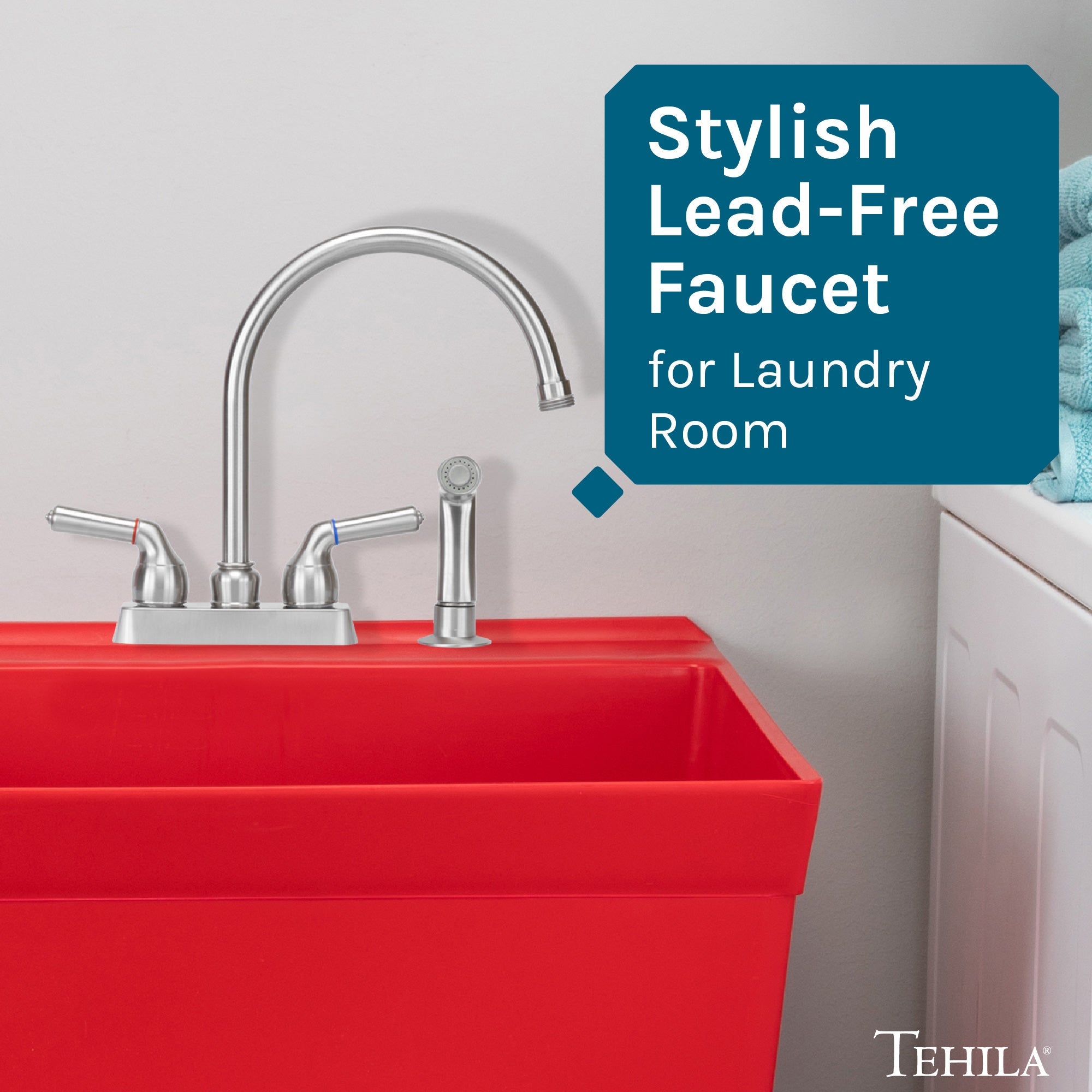 Tehila Stainless Steel Finish Gooseneck Faucet with Side Sprayer by Utility-Sink.com