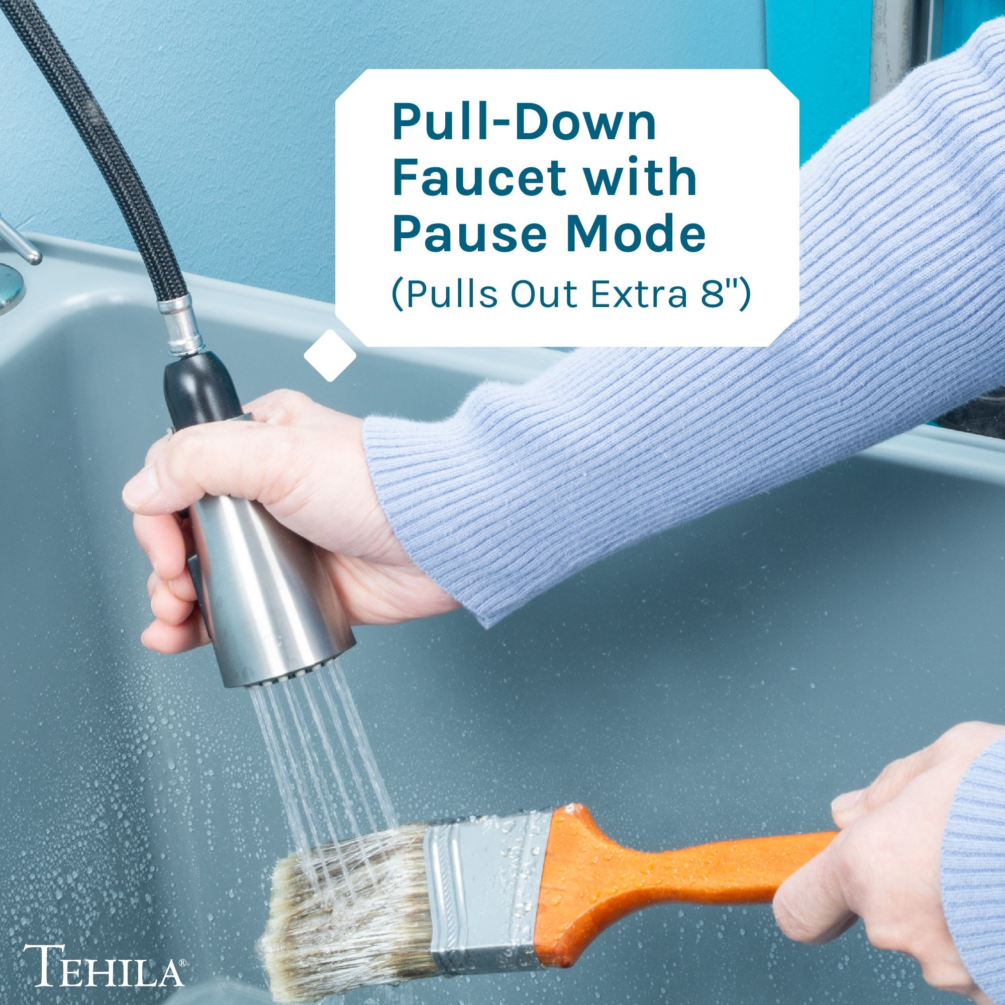 Tehila Stainless Steel Finish Low Profile Pull-Down Faucet by Utility-Sink.com