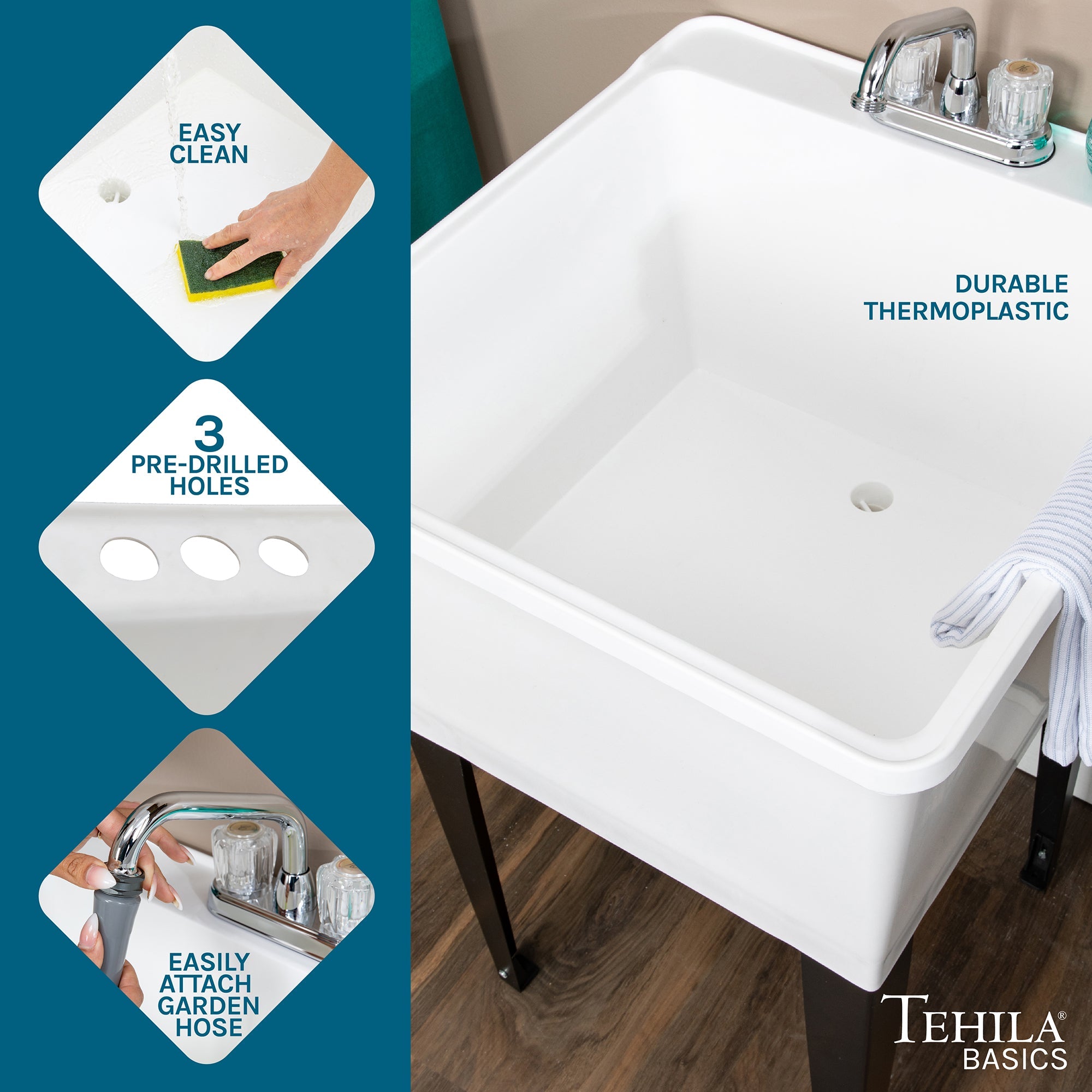 Tehila Basics Freestanding White Utility Sink with Chrome Finish Dual Handle Utility Faucet by Utility-Sink.com