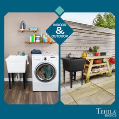 Tehila Basics Freestanding White Utility Sink with Chrome Finish Dual Handle Utility Faucet by Utility-Sink.com