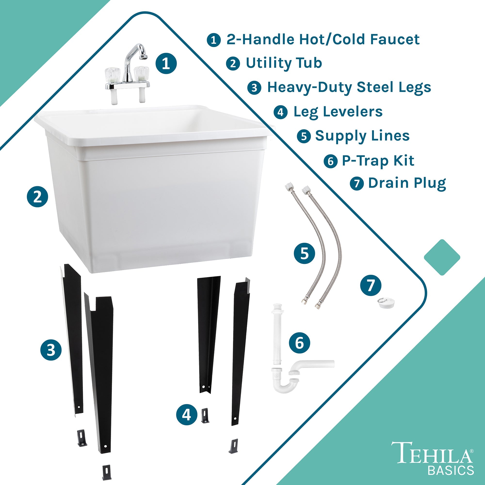 Tehila Basics Freestanding White Utility Sink with Chrome Finish Dual Handle Utility Faucet by Utility-Sink.com