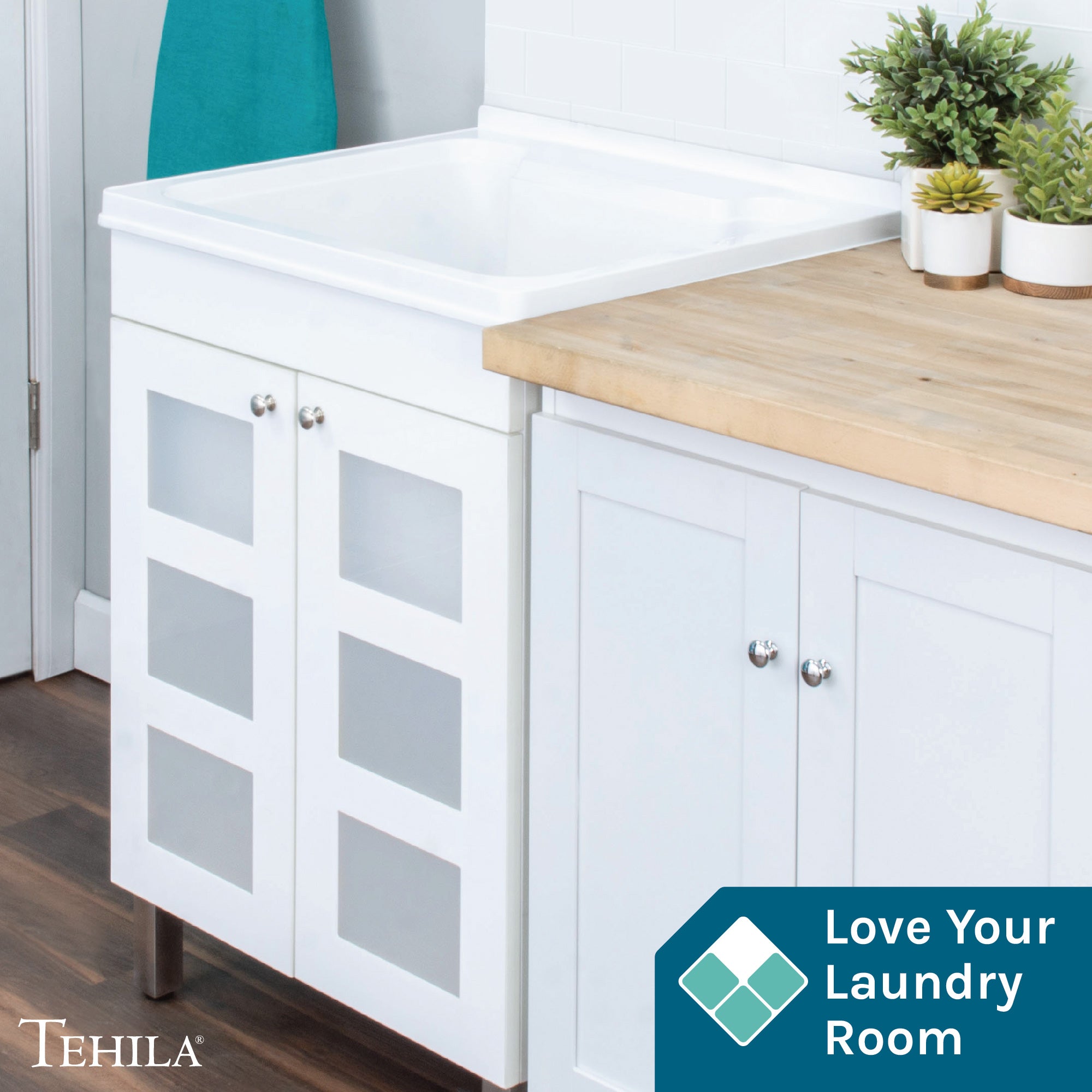 Tehila White Vanity Cabinet and White Utility Sink, No Supply Lines, No Strainer Basket by Utility-Sink.com