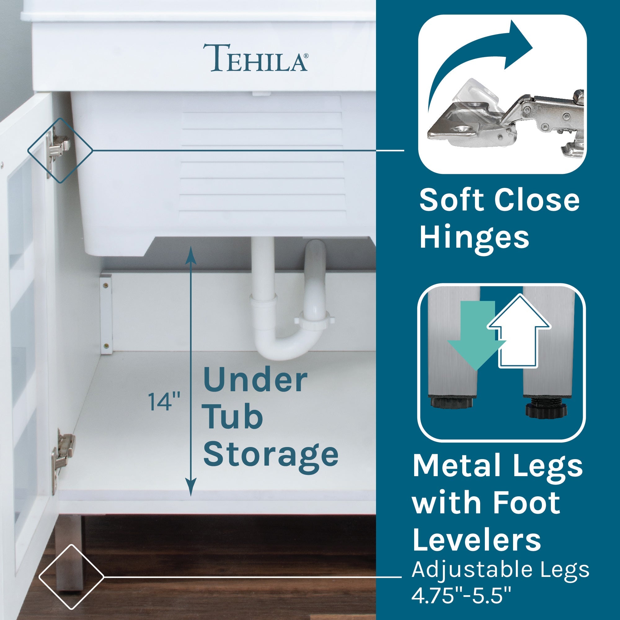 Tehila White Vanity Cabinet and White Utility Sink, No Supply Lines, No Strainer Basket by Utility-Sink.com
