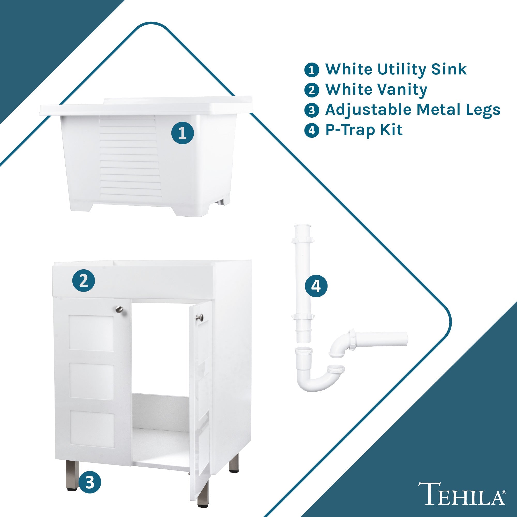 Tehila White Vanity Cabinet and White Utility Sink, No Supply Lines, No Strainer Basket by Utility-Sink.com