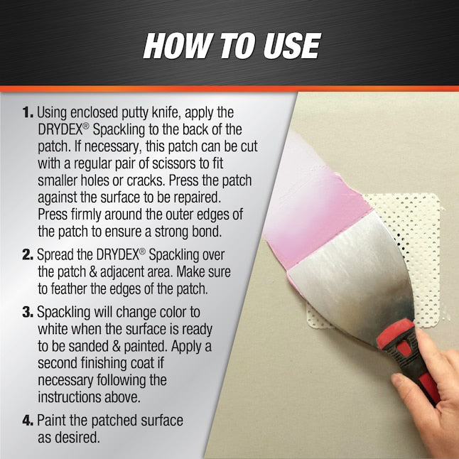 Instructions on how to use Drydex spackling with a putty knife and patch.