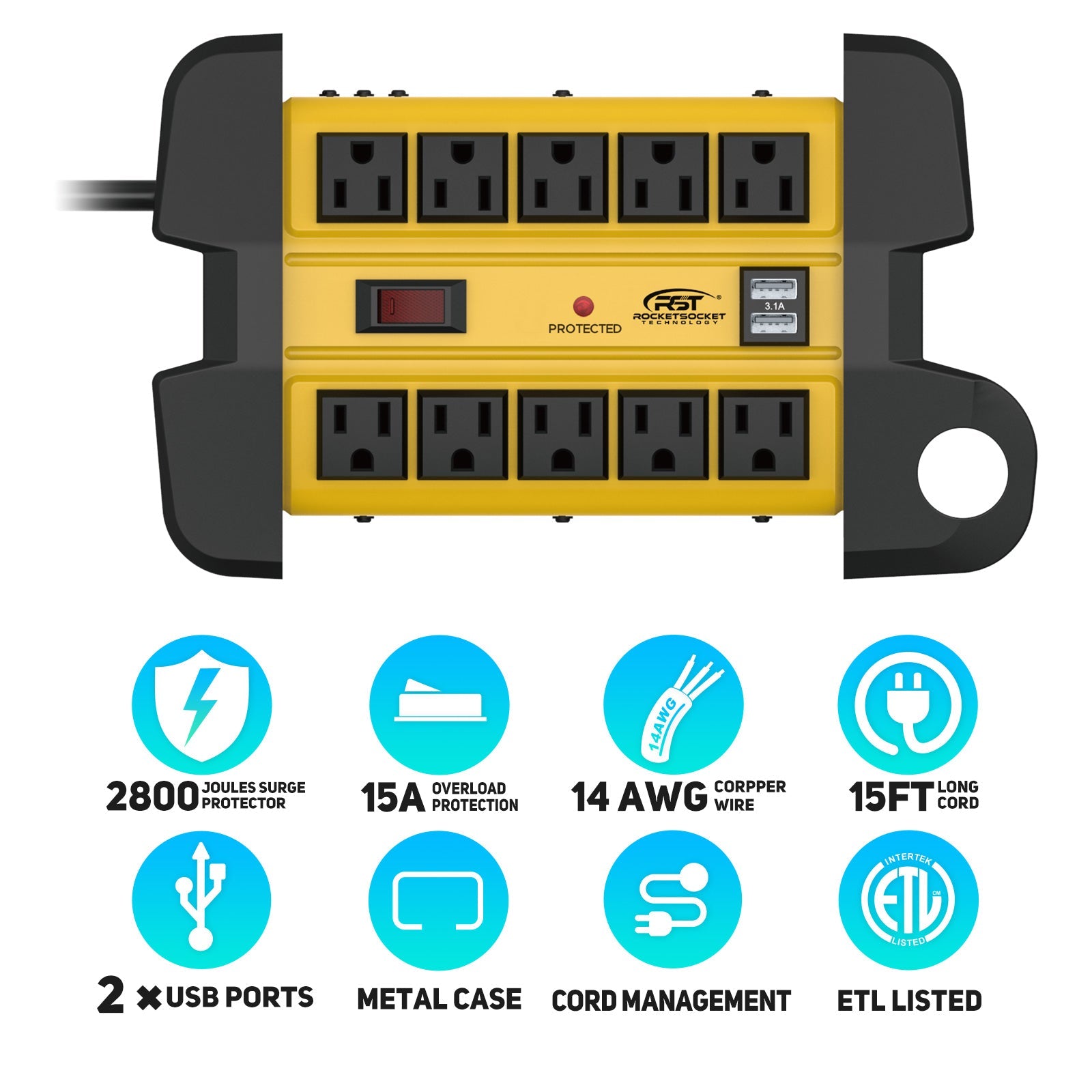 CRST 10-Outlet Metal Power Strip Surge Protector, 2800 Joules, 15ft with Cord Management by CRST