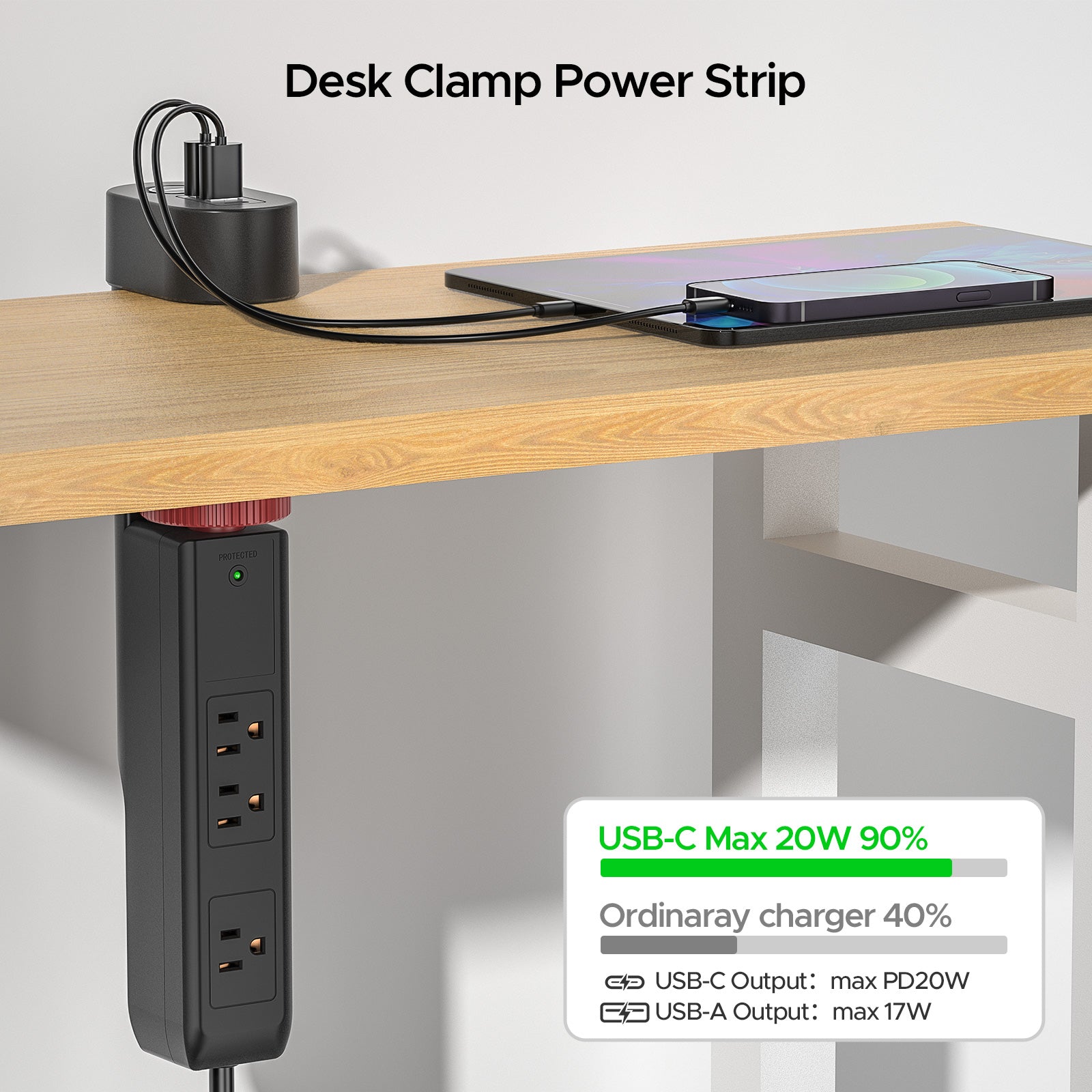 CRST Desk Clamp Power Strip | 3 Outlets + 3 USB (20W USB-C PD), 1020J Surge Protector by CRST