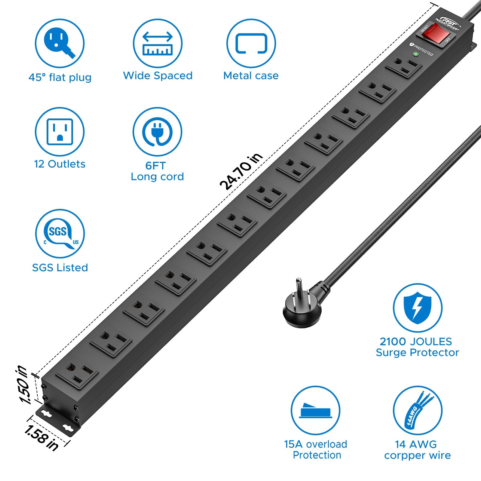 CRST 12-Outlet Metal Surge Protector Power Strip — Mountable, 2100J, 6FT/15FT Cord by CRST