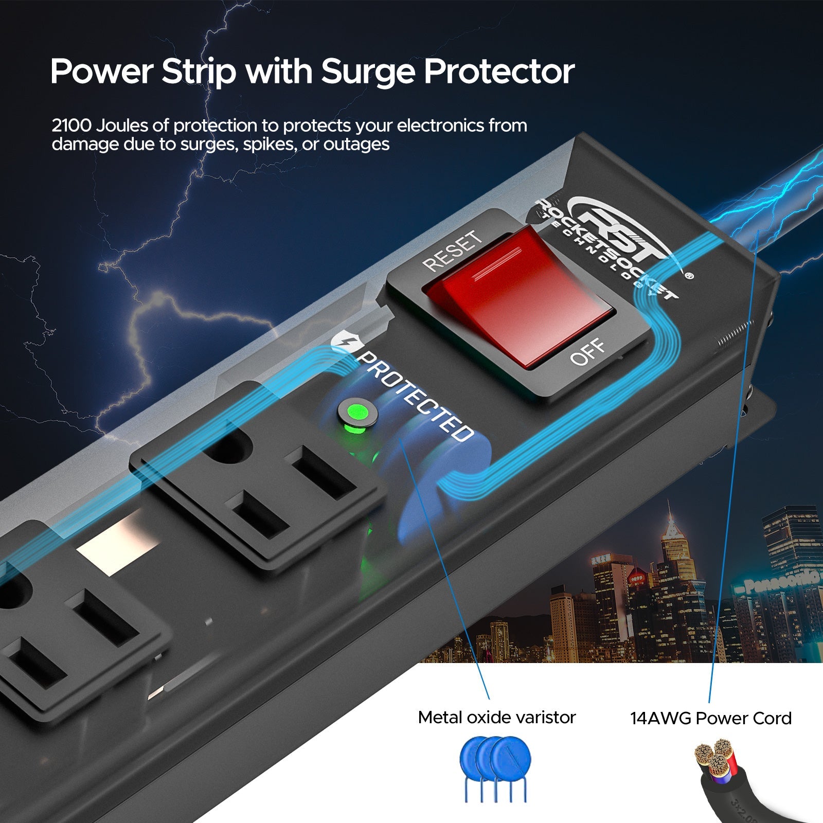 CRST 12-Outlet Metal Surge Protector Power Strip — Mountable, 2100J, 6FT/15FT Cord by CRST