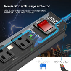 CRST 12-Outlet Metal Surge Protector Power Strip — Mountable, 2100J, 6FT/15FT Cord by CRST