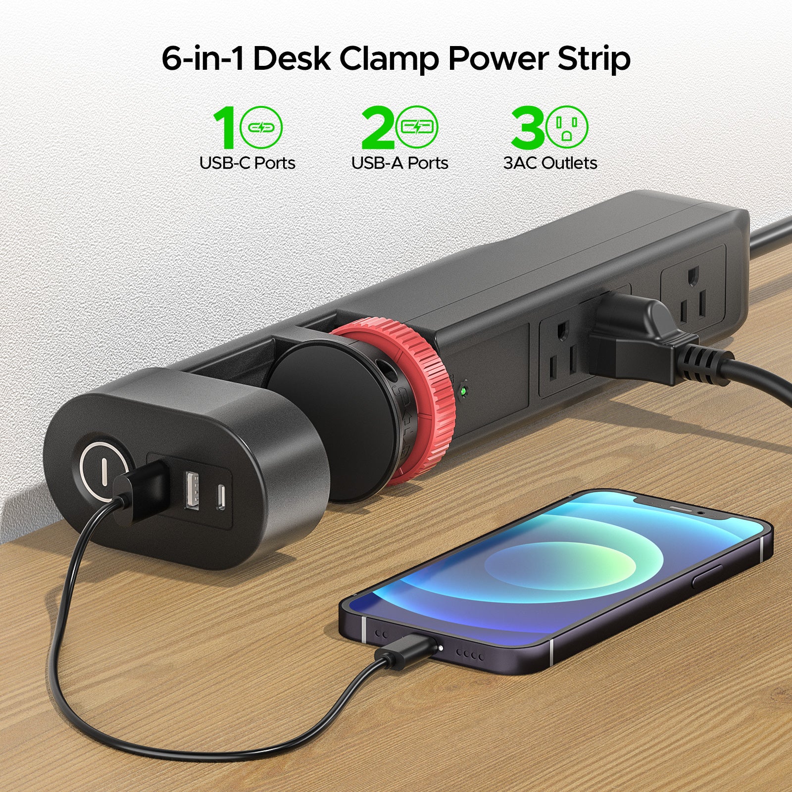 CRST Desk Clamp Power Strip | 3 Outlets + 3 USB (20W USB-C PD), 1020J Surge Protector by CRST