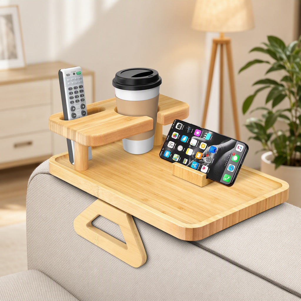 Wooden Tray Double Layer Paintable Armrest Tray with Cup Holder for Drinks and Snacks, Solid Wood Sofa Table by eprolo