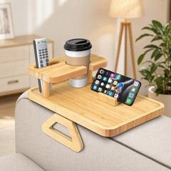 Wooden Tray Double Layer Paintable Armrest Tray with Cup Holder for Drinks and Snacks, Solid Wood Sofa Table by eprolo