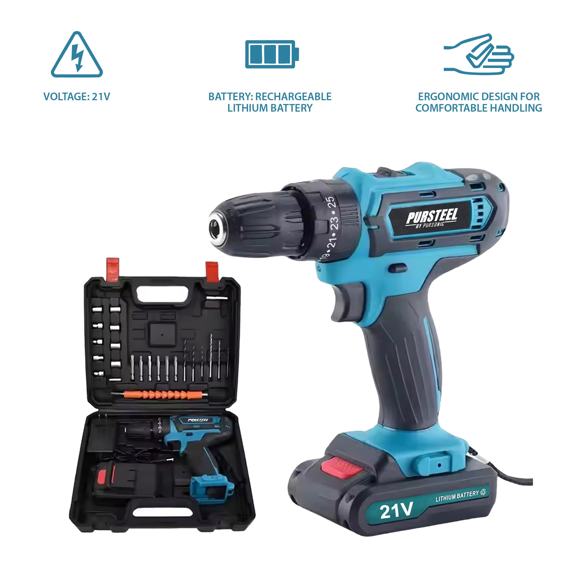 Pursonic 21V Rechargeable Cordless Drill 24 Piece Set – Compact Power for Home & DIY Projects by Pursonic