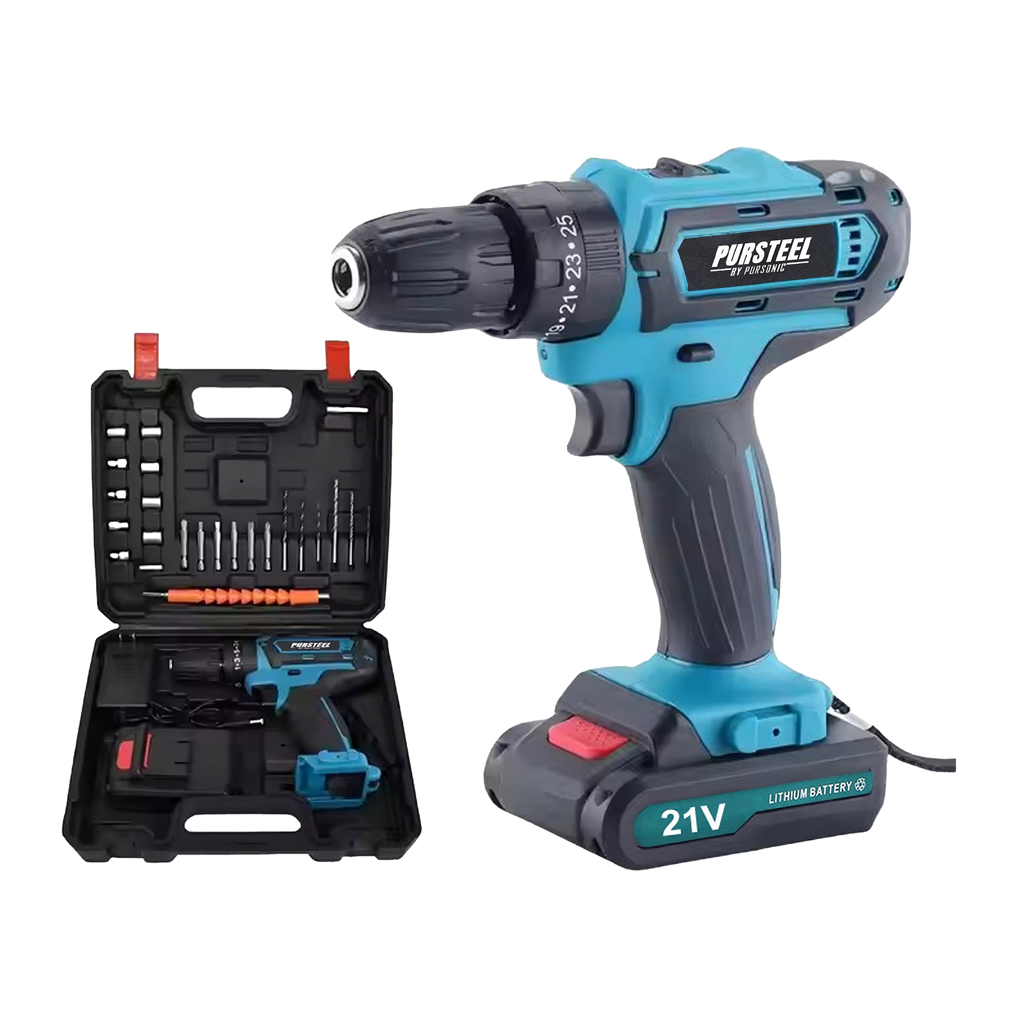 Pursonic 21V Rechargeable Cordless Drill 24 Piece Set – Compact Power for Home & DIY Projects by Pursonic