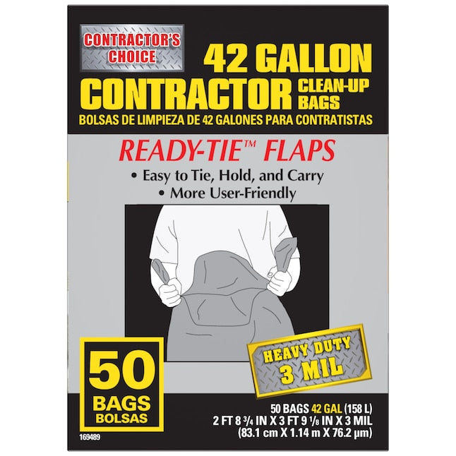 Package of 42-gallon contractor clean-up bags with text and an illustration of a person holding a bag.