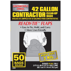 Package of 42-gallon contractor clean-up bags with text and an illustration of a person holding a bag.