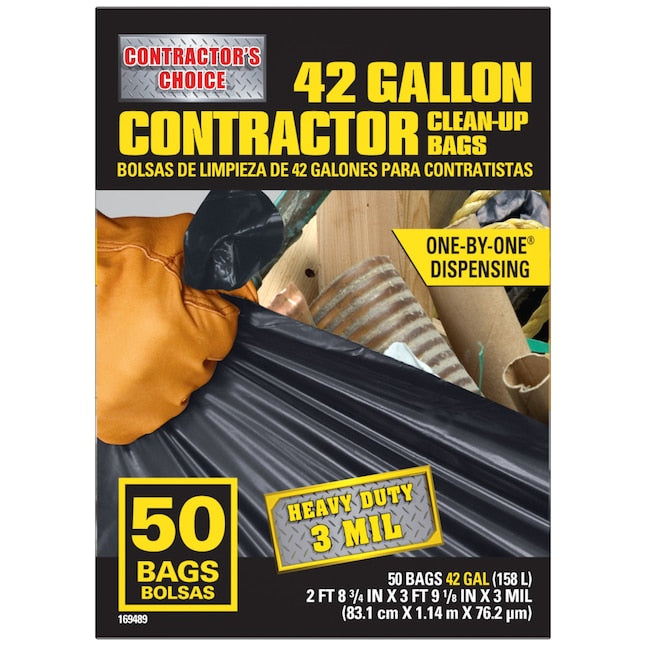 Box of Contractor's Choice 42-gallon contractor clean-up bags with a black bag and tools in the background.