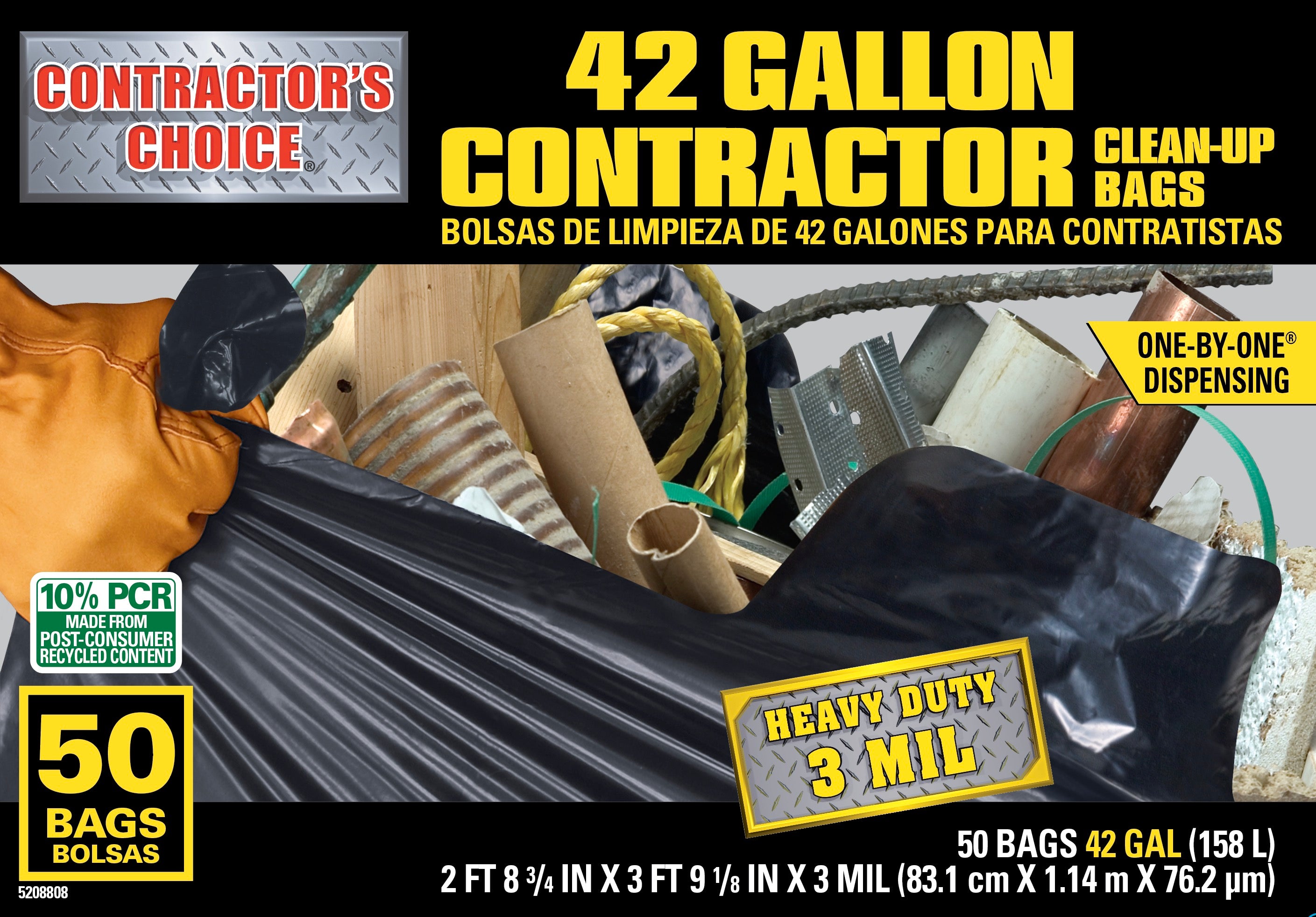 42-gallon contractor clean-up bags with branding and product details.