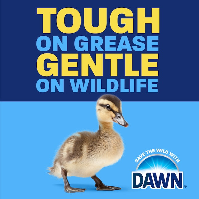 Duckling with 'Tough on Grease, Gentle on Wildlife' text and Dawn logo on a blue background