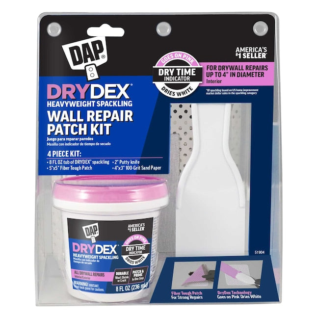DAP Drydex wall repair patch kit packaging with spackling jar and tools.