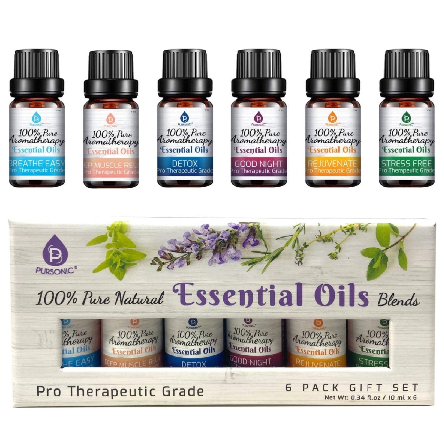 Pursonic Purify & Relax Home Wellness Bundle - True HEPA Air Purifier & 6 Pack of 100% Pure Essential Oils Blends by Pursonic