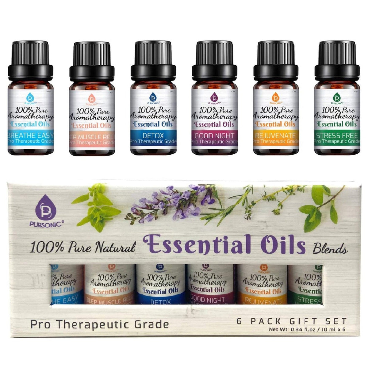 Pursonic Purify & Relax Home Wellness Bundle - True HEPA Air Purifier & 6 Pack of 100% Pure Essential Oils Blends by Pursonic