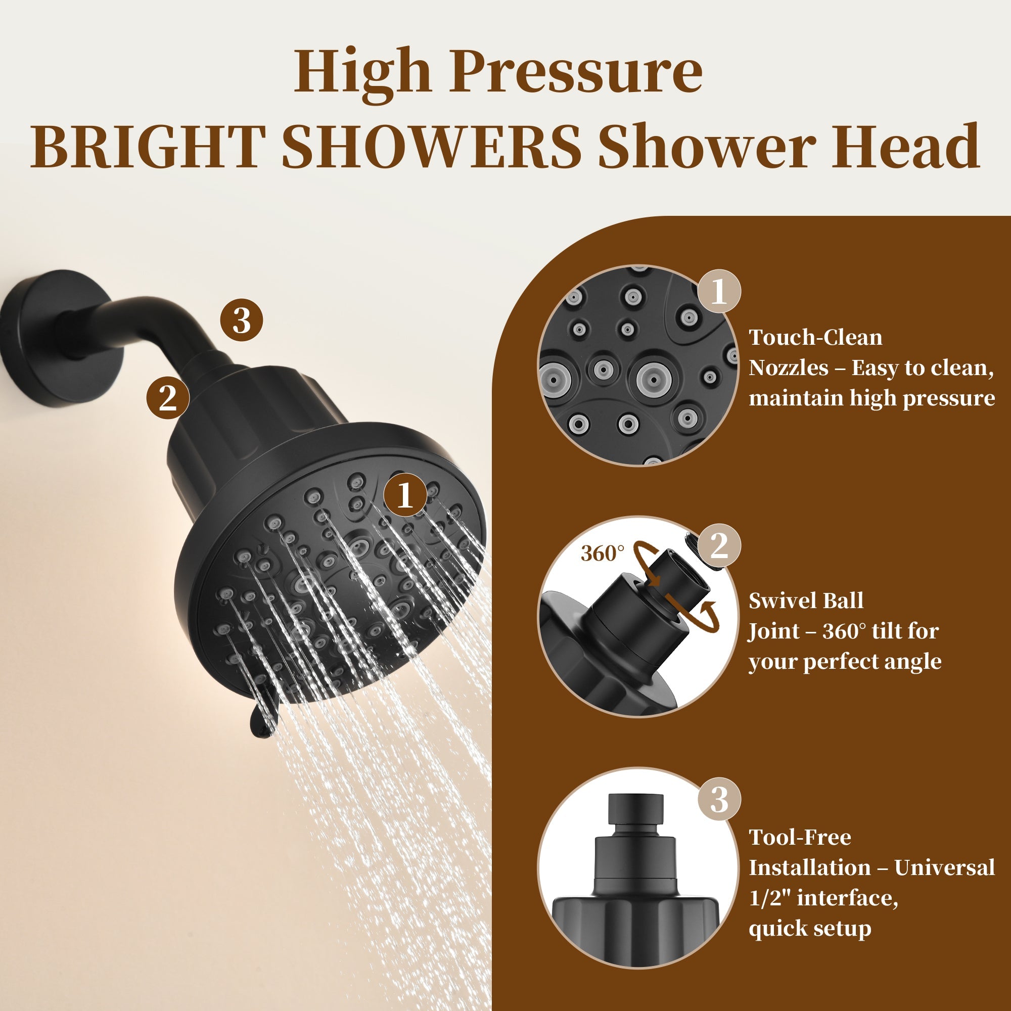 High Pressure Handheld Shower Head with 8 Spray Settings and 360° Adjustable Swivel Joint by brightshowers