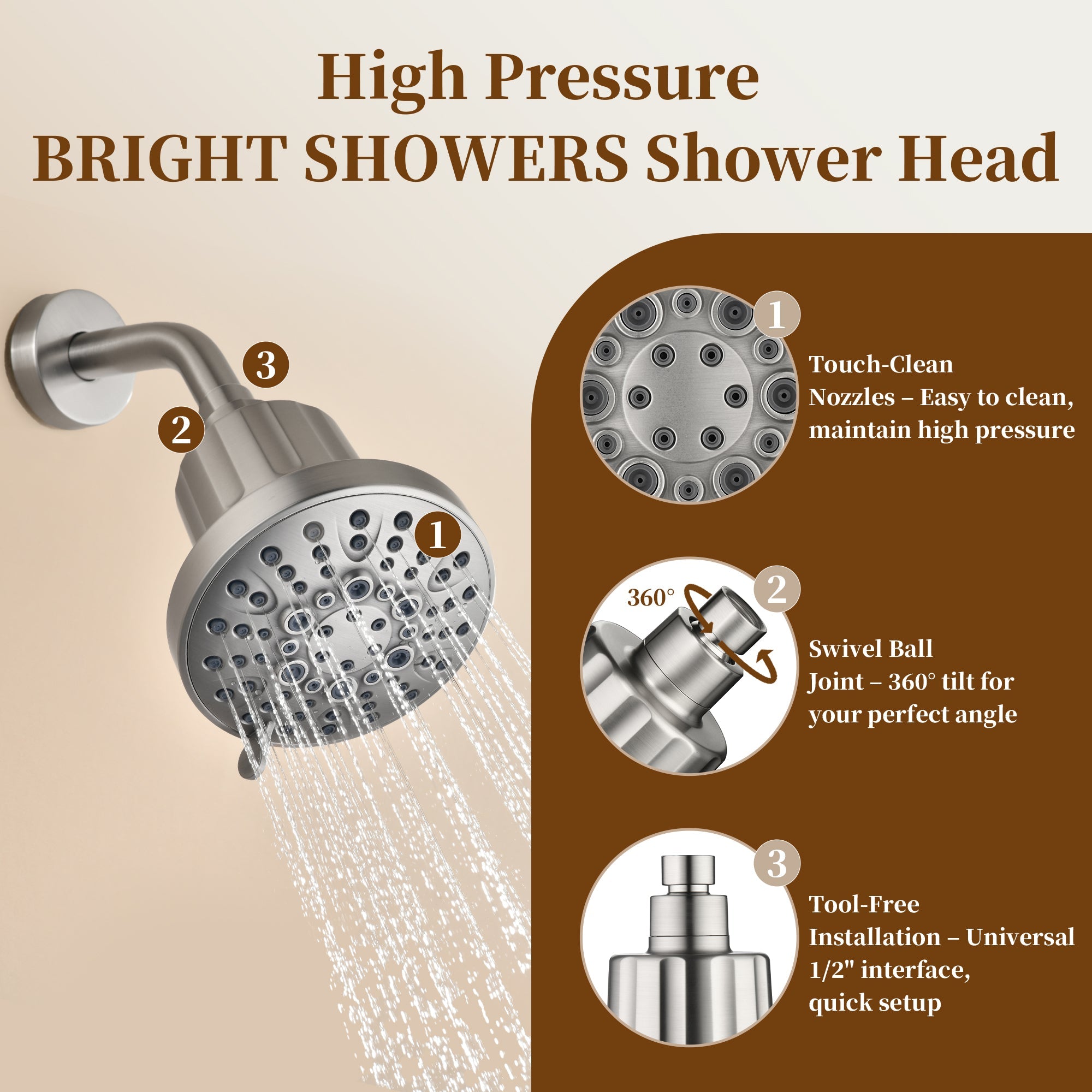 High Pressure Handheld Shower Head with 8 Spray Settings and 360° Adjustable Swivel Joint by brightshowers