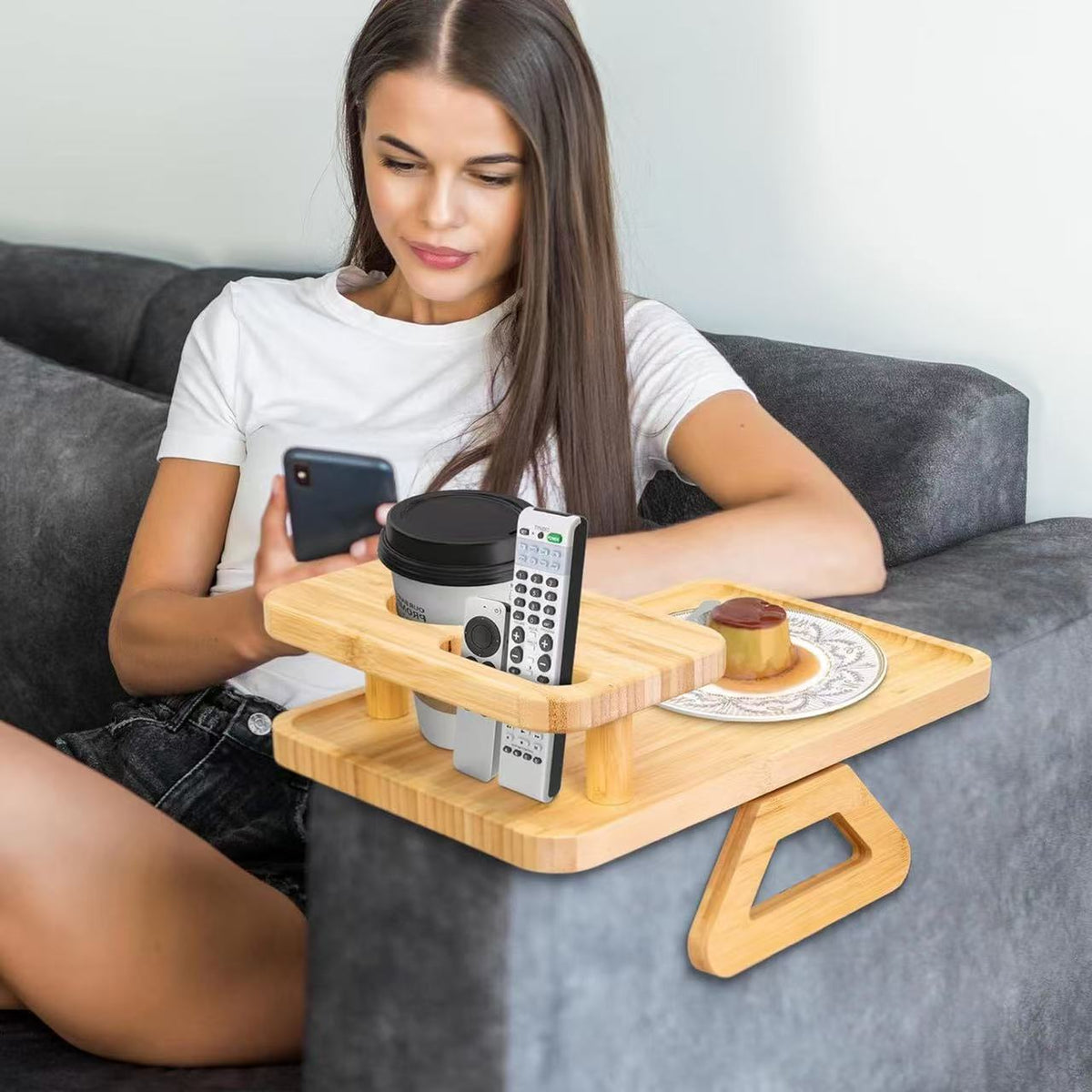 Wooden Tray Double Layer Paintable Armrest Tray with Cup Holder for Drinks and Snacks, Solid Wood Sofa Table by eprolo
