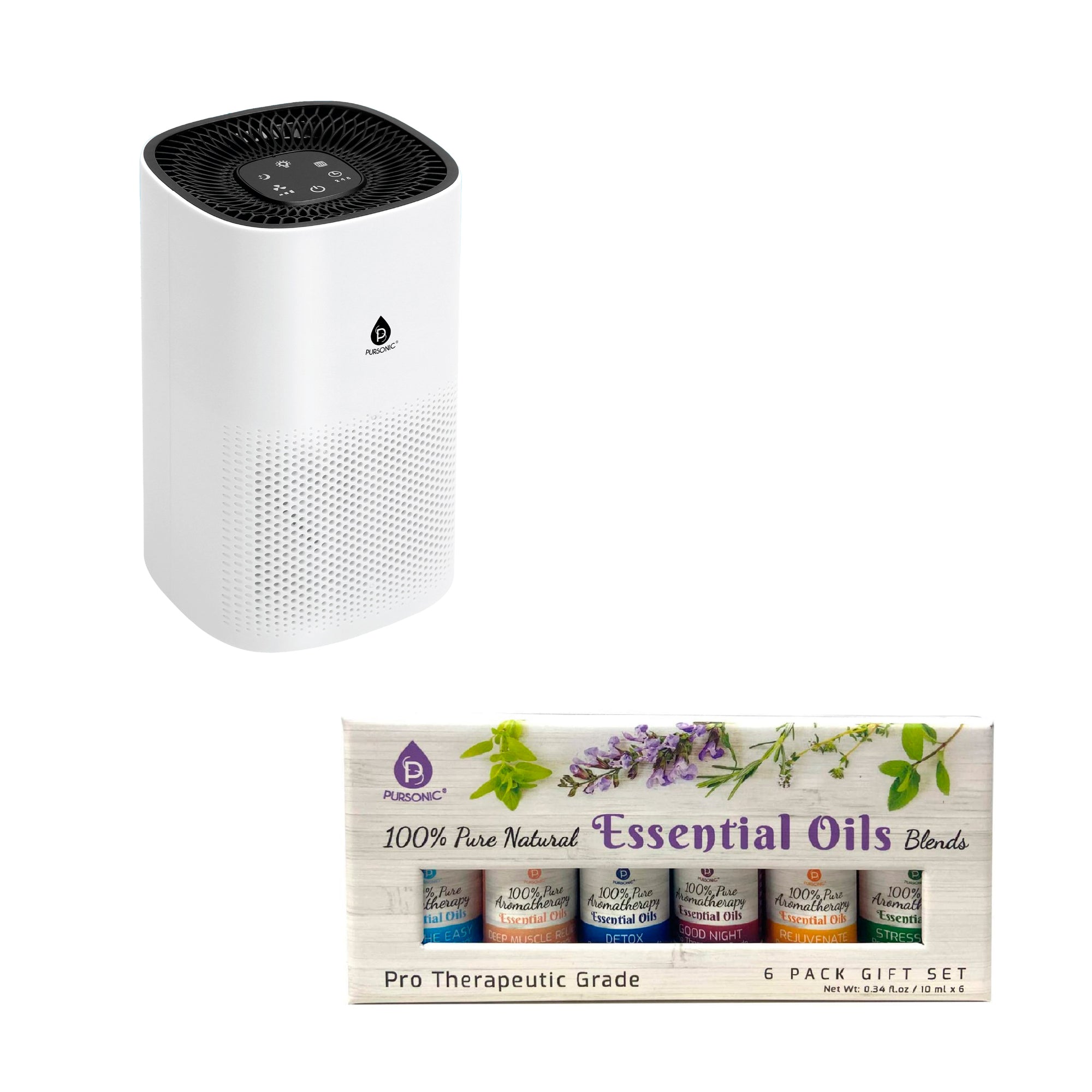 Pursonic Purify & Relax Home Wellness Bundle - True HEPA Air Purifier & 6 Pack of 100% Pure Essential Oils Blends by Pursonic