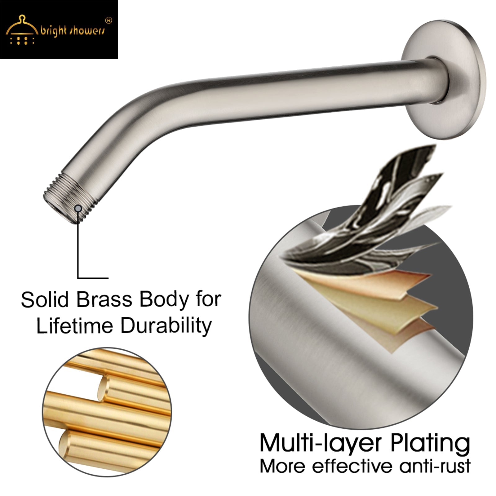 10 Inch Solid Brass Shower Head Extension Arm, Wall Mounted Shower Pipe Arm by brightshowers