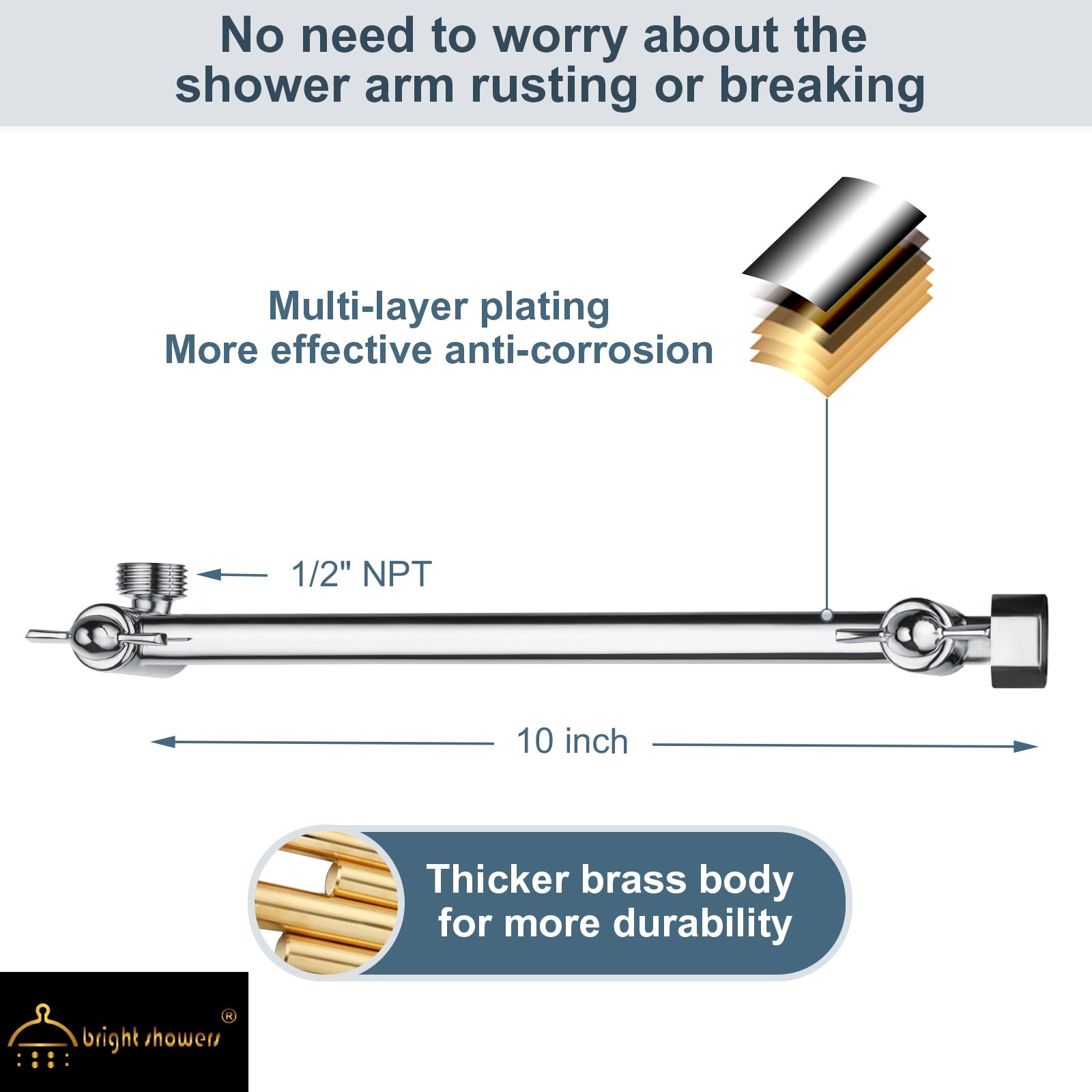 10 Inch Brass Shower Head Extension Arm, Height & Angle Adjustable by brightshowers
