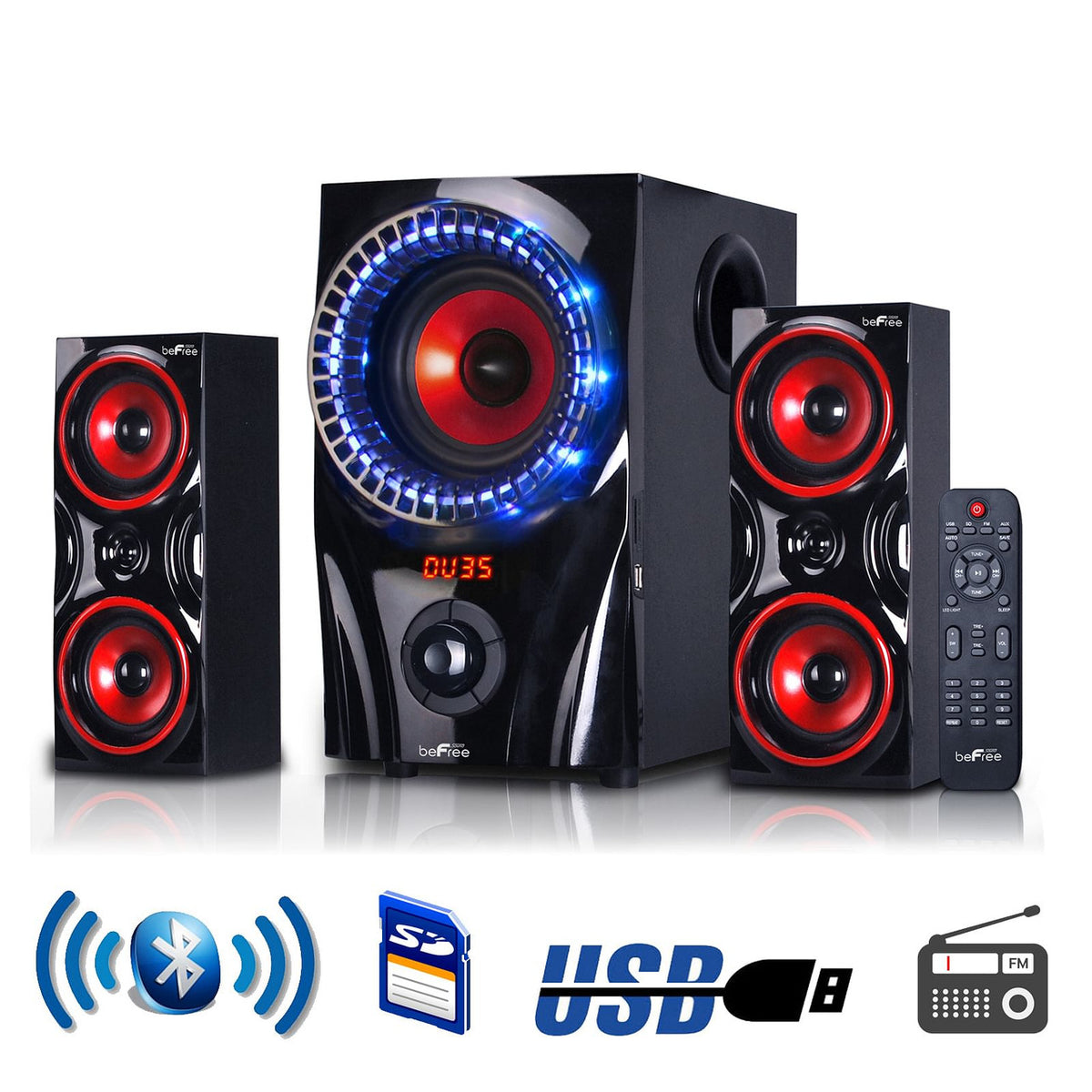 beFree Sound 2.1 Channel Bluetooth Surround Sound Speaker System in Red by BEFREE SOUND