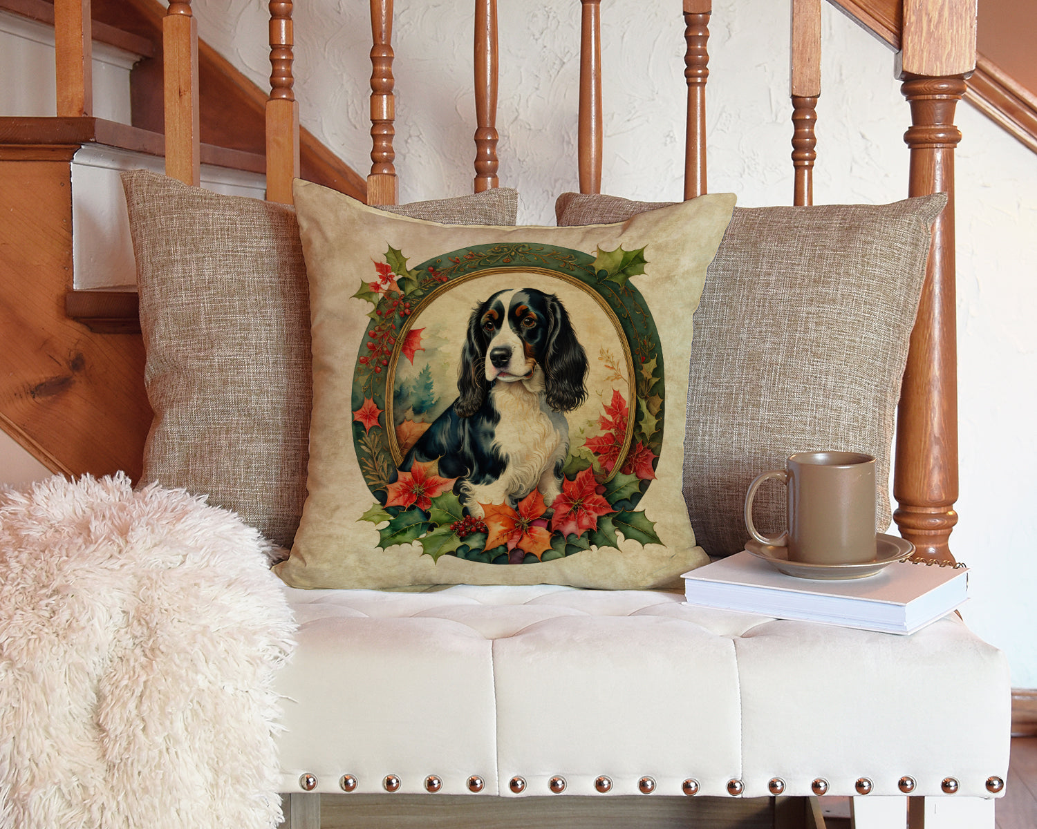 English Springer Spaniel Christmas Flowers Throw Pillow by Caroline's Treasures